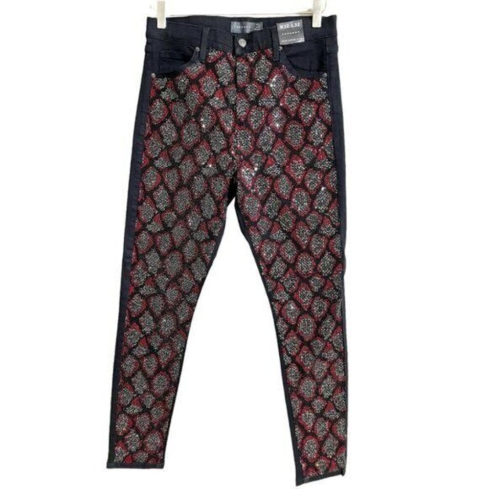 TOPSHOP Jeans Red Rhinestone Front High Waist Black Skinny Jeans SZ 32 NWT